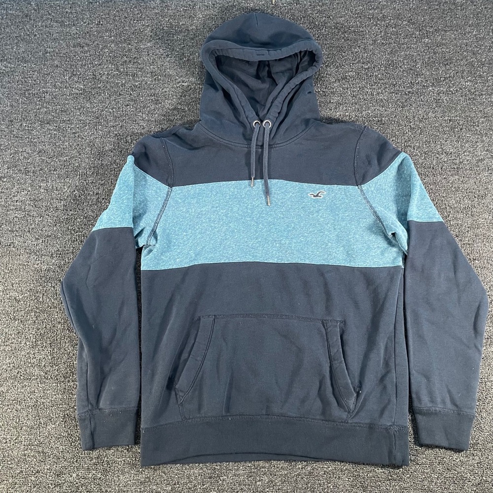 Hollister Hoodie Mens Medium Blue Teal Colorblock Fleece Pullover Good Logo